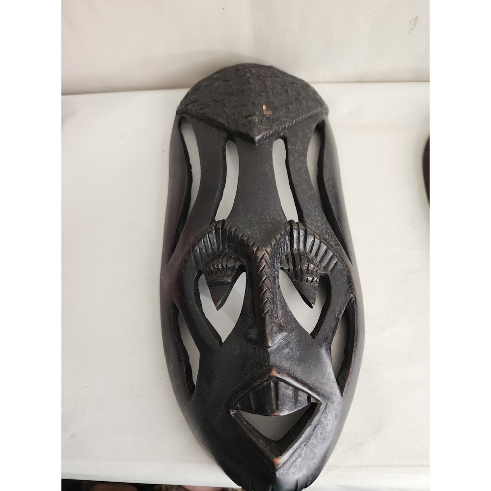 Hand Carved African Wooden Mask Dark Brown Tribal Wall Decor 12 Inch Art